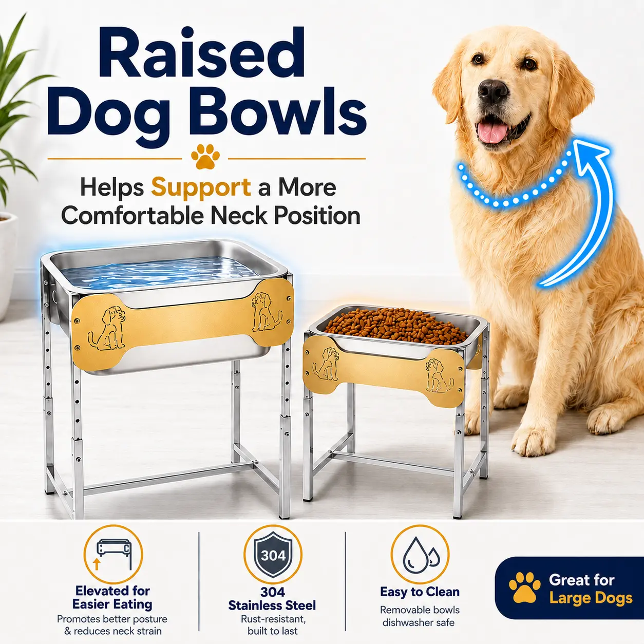 Elevated Dog Bowls, Raised Dog Bowl Stand with 2 Stainless Steel Bowls, Adjustable Height Feeding Station for Large Medium Small Dogs, Indoor Outdoor Pet Bowl Stand