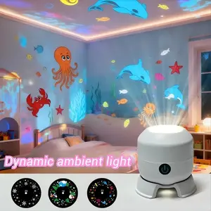 Seven-Color Rotating Projection Lamp, Rechargeable LED Touch Control, Multi-Function Atmosphere Light, Snowflake Ocean 16 Patterns Christmas Halloween Stage Laser Projector