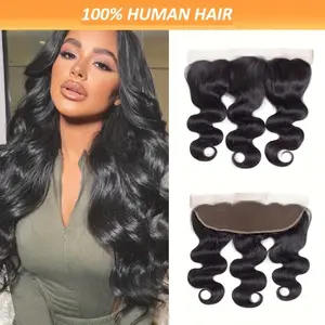 13x4 Brazilian Body Wave Lace Frontal Closure Human Hair Ear-to-Ear Swiss Lace Natural Black Pre-Plucked Natural Hairline Soft Thick No Shedding No Tangle 12-20 Inch For Everyday Glam & Natural Look	