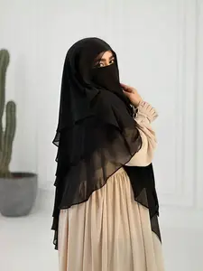 3cengxuefang（Three-Layer Black Chiffon Niqab Khimar, Elegant Muslim Modest Headwear）