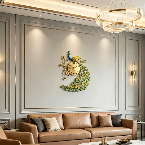 CNCEST 30-in Round Metal Modern Wall Mount Analog Clock - Silent Accurate Quartz Movement, Peacock Bird Design, Large Numbers, Battery-Powered Acrylic Home Supplies, Home Decor, Decoration Items for Living Room, Corridor (25.59*29.53in)