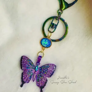 Blue and Lavender Rhinestone Butterfly Keychain Fashion Accessory with Rainbow Ring and Gemstone Charm