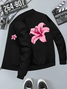 Lily Print Design Casual Jacket, Long Sleeve Slim-Fit, Geometric Pattern, All Seasons, Polyester Fiber, China Made