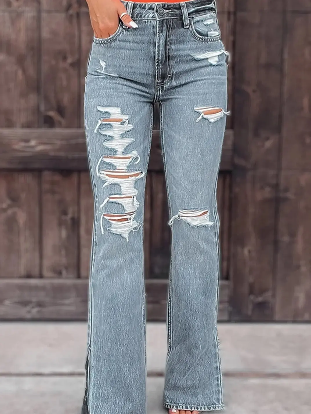 The Nashville Distressed Flare Side Slit Fitted Jean