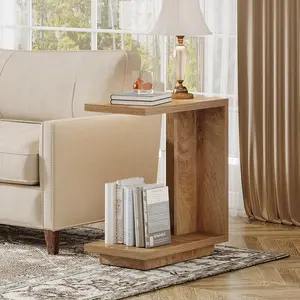 LITTLE TREE C-Shaped Side Table for Couch, 2-Tier C Table with Sturdy Pedestal, Industrial Sofa End Table for Living Room, Bedroom