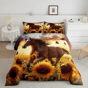Feelyou Breathable Multi-Size Animal Print Horse Comforter Set - Galloping Horse & Sunflower Design, Bedroom Bedding, Cute Decor for Teens