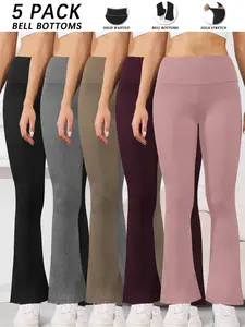 5 Pack Women's Super Soft High Waisted Flare Pants For Women, Tummy Control No See Through Workout Yoga Running Bell Bottoms