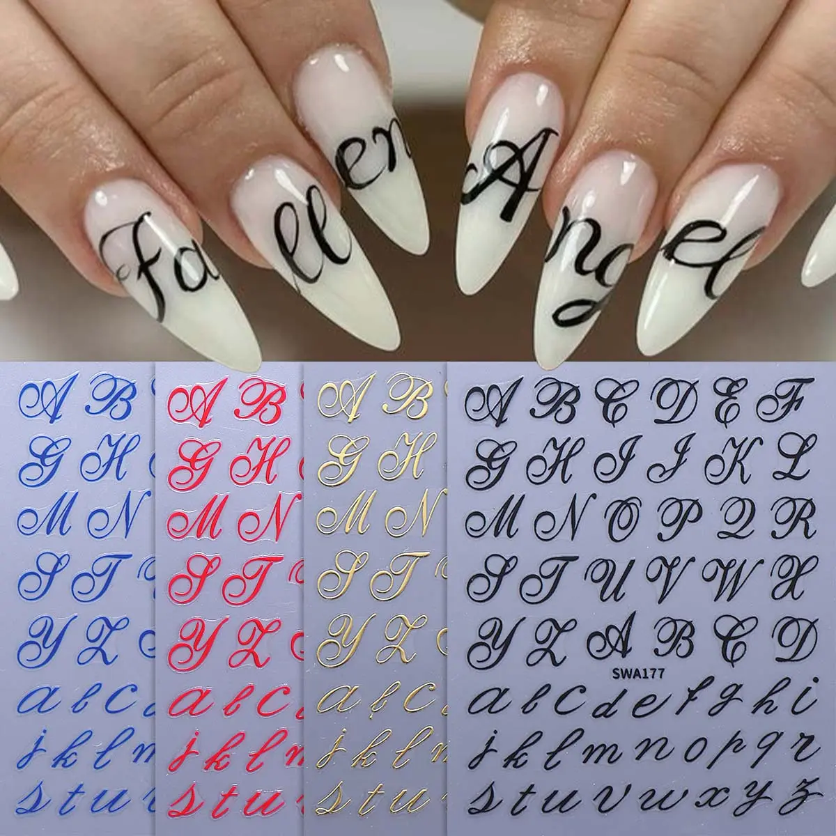 4 Pcs English Letter 3D Manicure Nail Art Stickers, Nail Designs, Elegant Calligraphy Flowing Font Design DIY Nail Decals, Nail Art Accessories, Perfect for Women and Girls Holiday Decorations, Nail Art Set, Nail Art Supplies