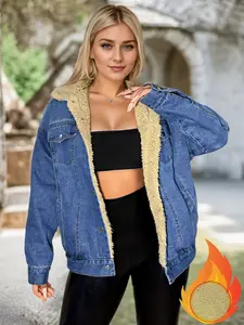 Women's Loose-Fit Denim Jacket, Thickened Winter Coat, Casual Plain Design, Warm Vintage Style Casual Chic Outerwear for Fall & Winter Seasons
