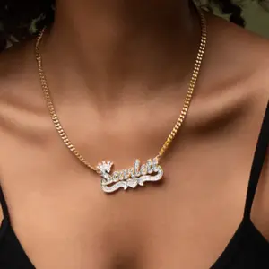 [Tres Colori] Gold Plated Double Plated Iced Princess Crown Name Necklace Custom Made Personalized Name Pendant Necklace with CZ Stones Crown Name Jewelry for Women & Men Luxury Custom Jewelry Daily Wear Fashion Gift