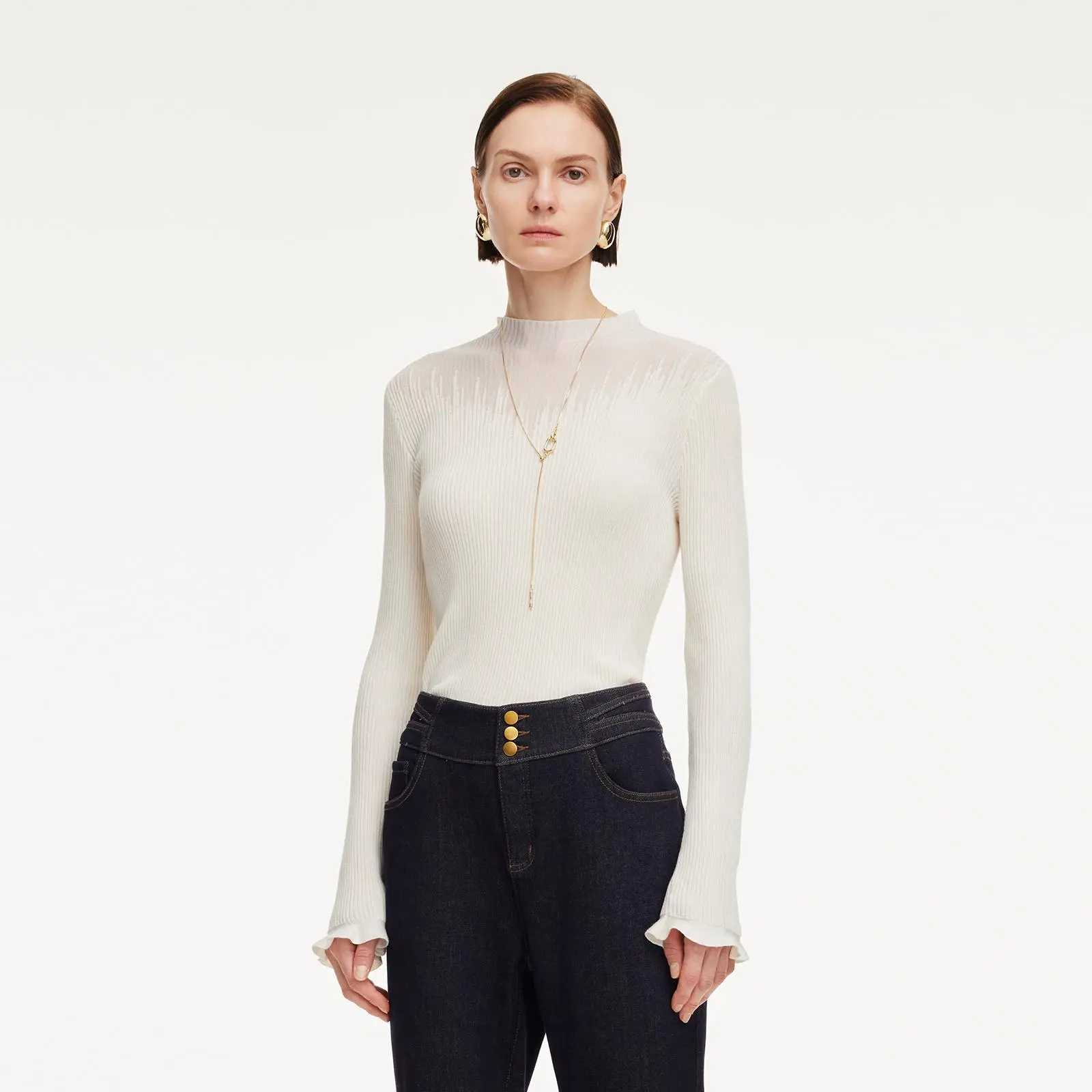 Tencel Wool Blend Mock Neck Women Knit Top