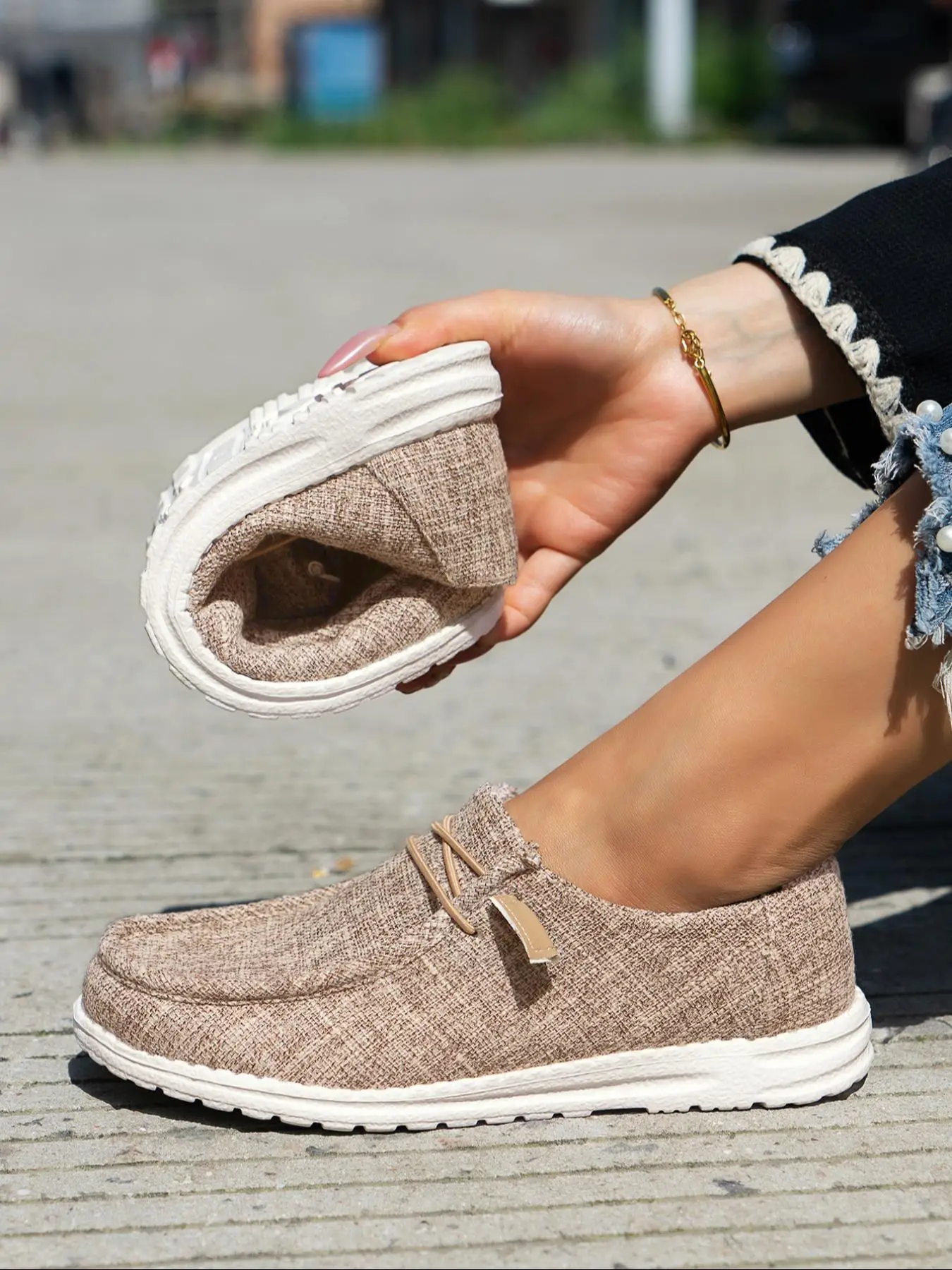 Women's Fashionable Plain Color Round Toe Slip on Sneakers, Lightweight Breathable Comfortable Lace-up Flats Shoes, Casual Comfortable Sports Walking