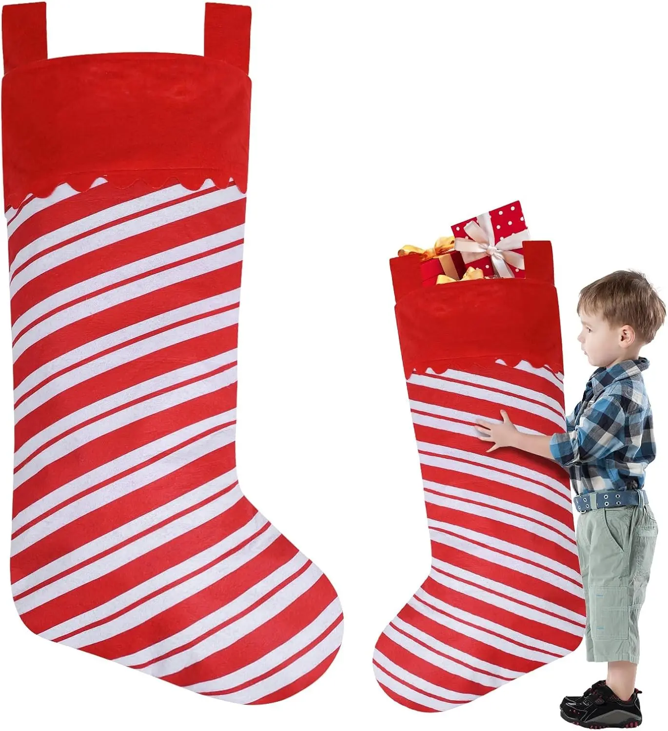 2 Pack Jumbo Candy Cane Christmas Stockings 38 Inches Felt Xmas Stockings | Large Red and White Felt Christmas Stockings for Xmas Tree Fireplace Hanging Decor and Holiday Party Family Home Decorations