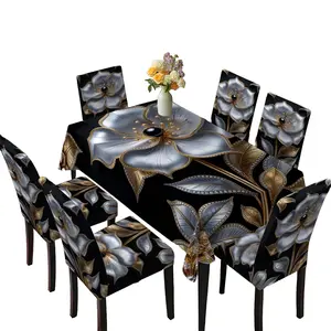 Luxury Tablecloth and Chair Cover Set with Silver Gem Floral Design, Elegant Dining Decor for All Seasons, Dining Chair Protector, Dining Chair Slipcover, High-End Home Textile Collection