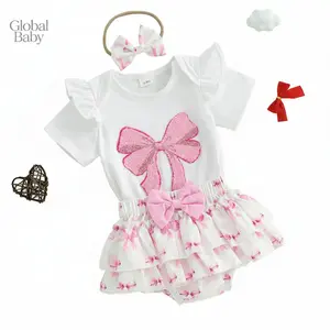 Baby Girls 3Pcs Summer Outfit Short Sleeve Romper set baby girl with skirt/Set Romper  Skirt Bow Embroidery Romper + Shorts + Headband Set Infant Clothes