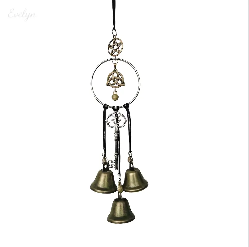 Triquetra Pentacle Vintage Bell Wind Chime, Antique Key 3 Bronze Bell Witchy Home Door Hanging Decor Ornament