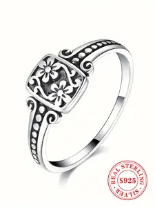 S925 Sterling Silver Vintage Style Flower Design Ring, Fashion Jewelry Accessories for Women, Elegant Jewelry for Party, Daily Clothing Decor, Trendy All-match & Exquisite Jewelry for Birthday Gift
