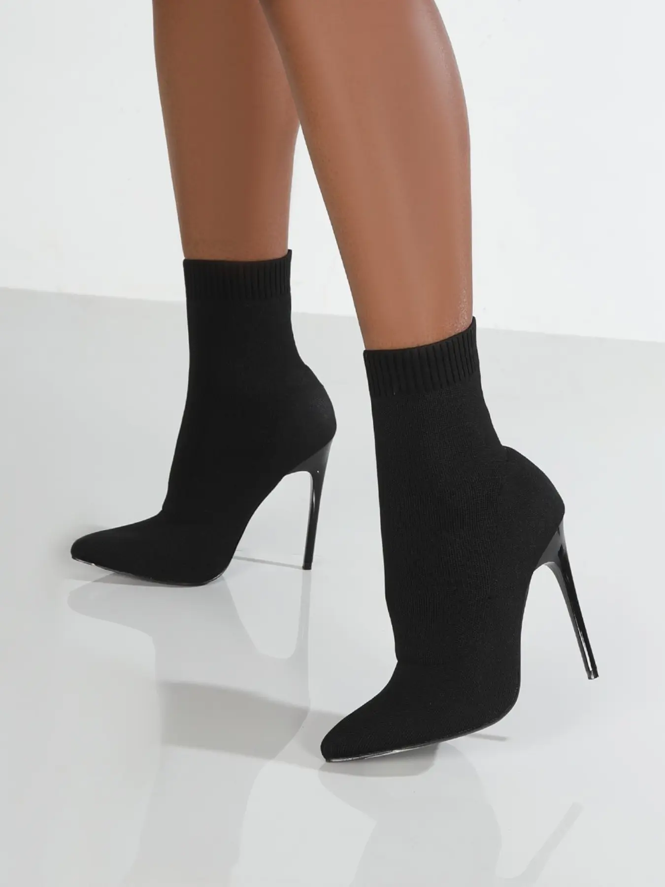 Elegant Low Heel Knit Pointed Toe Design Shoes, Textile Upper, Mid-Calf Boot Style, Sock Boots, All-Season Wear, Perfect for Dresses & Casual, Rubber, Women, High Heels, Stiletto Heeled Boots, Pointy Toe Boot