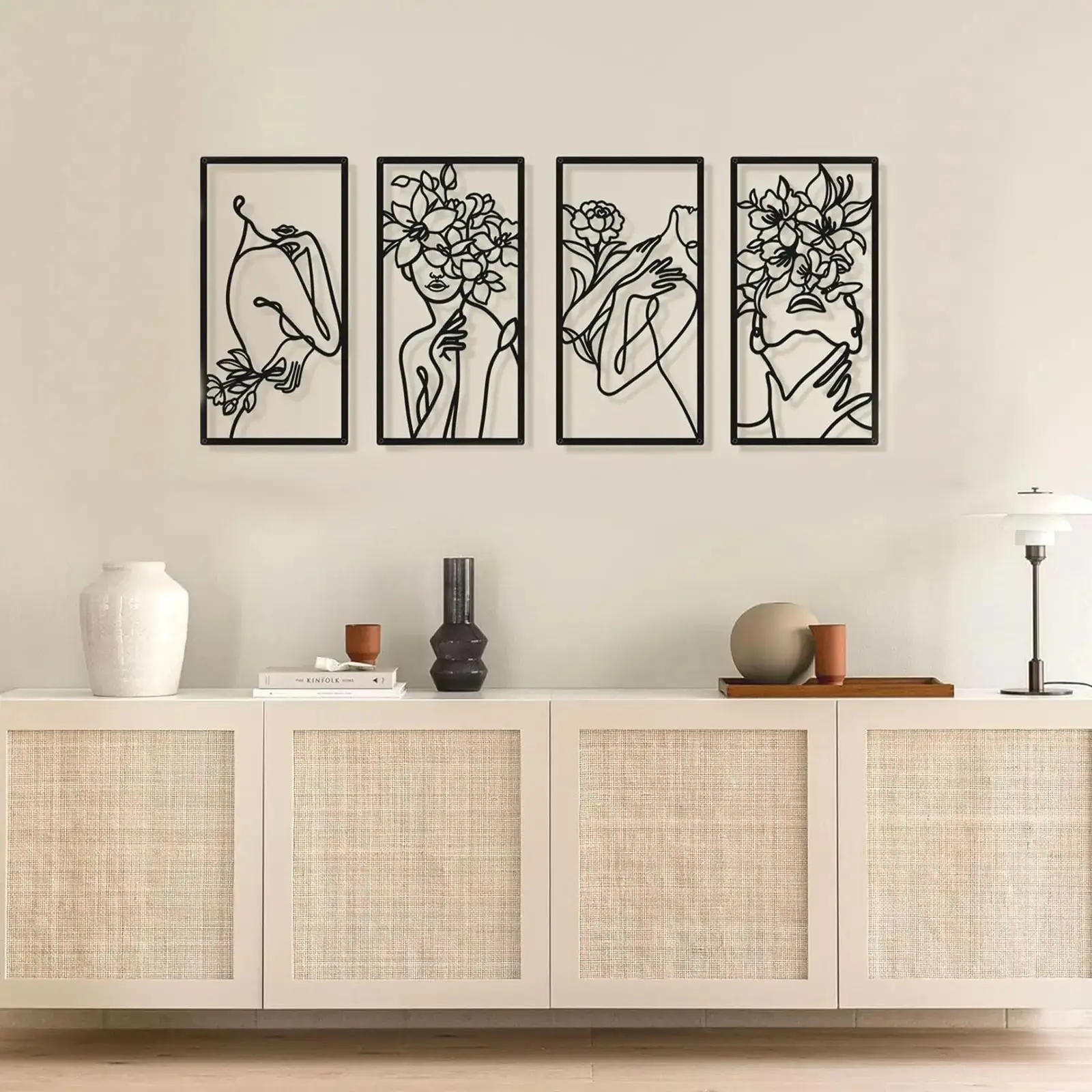 Abstract Figure Line & Flower Pattern Wall Art, 4 Counts Modern Simple Iron Wall Decor, Wall Hanging Decor for Home Living Room Bedroom, Home Decor