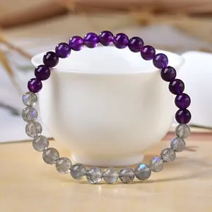 Natural Amethyst & Moonstone Beaded Bracelet, Lover's Stone for Emotional Balance