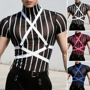INCERUN Men's Short-Sleeve Striped Mesh Sheer Patchwork T-Shirt - Spandex-Polyester Blend, Summer Casual Streetwear Top for Parties, Clubs, Shortsleeve,summervibes
