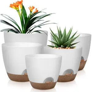 Plant Pots 10/9/8/7.5/7 Inch Self Watering Pots, Set of 5 Plastic Planters with Drainage Holes and Saucers,Plastic Flower Pots,Nursery Planting Pot for Indoor Out Door Plants(White)