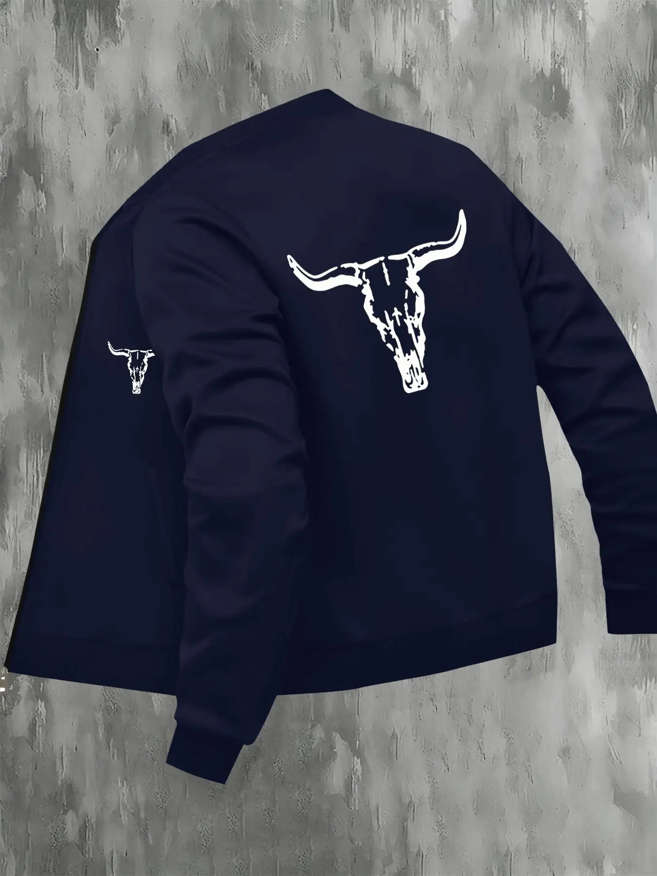 Men's Street Style Stand Collar Jacket, Long Sleeve, Bull Skull Print, Baseball Neck Design, Ribbed Hem + Zipper, Casual Fall & Winter Outerwear, Casual Fitted Jackets, Navy Blue