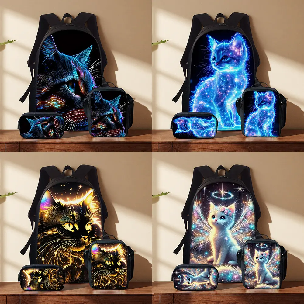 3-Piece Galaxy Cat Backpack Set for Girls, Oxford Cloth School Daypack, Insulated Lunch Tote with Top Handle, and Pencil Cosmetic Bag, Backpacks For Girls, Adjustable, 3-Piece Set, 3Pcs Set-01, Back To School Haul, Animal Lovers, Animals, Daily Use Bags,