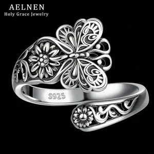 AELNEN 925 Sterling Silver Spoon Rings for Women,Vintage Butterfly/Dragonfly Cross Rose Vintage Ring,Jewelry Gift for Mom Grandma