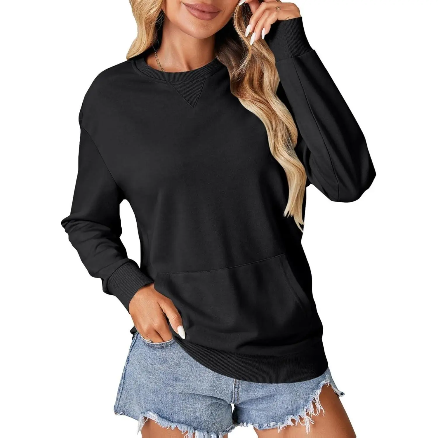 LYANERS Women's Crew Neck Casual Long Sleeve with Pocket Sweatshirt Pullover Tops Womenswear