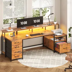 Sedeta 75-Inch Modern Ergonomic Sturdy Gaming Desk - Wood-Constructed Home Office Workstation with LED Lights, Power Outlet, 5 Drawers