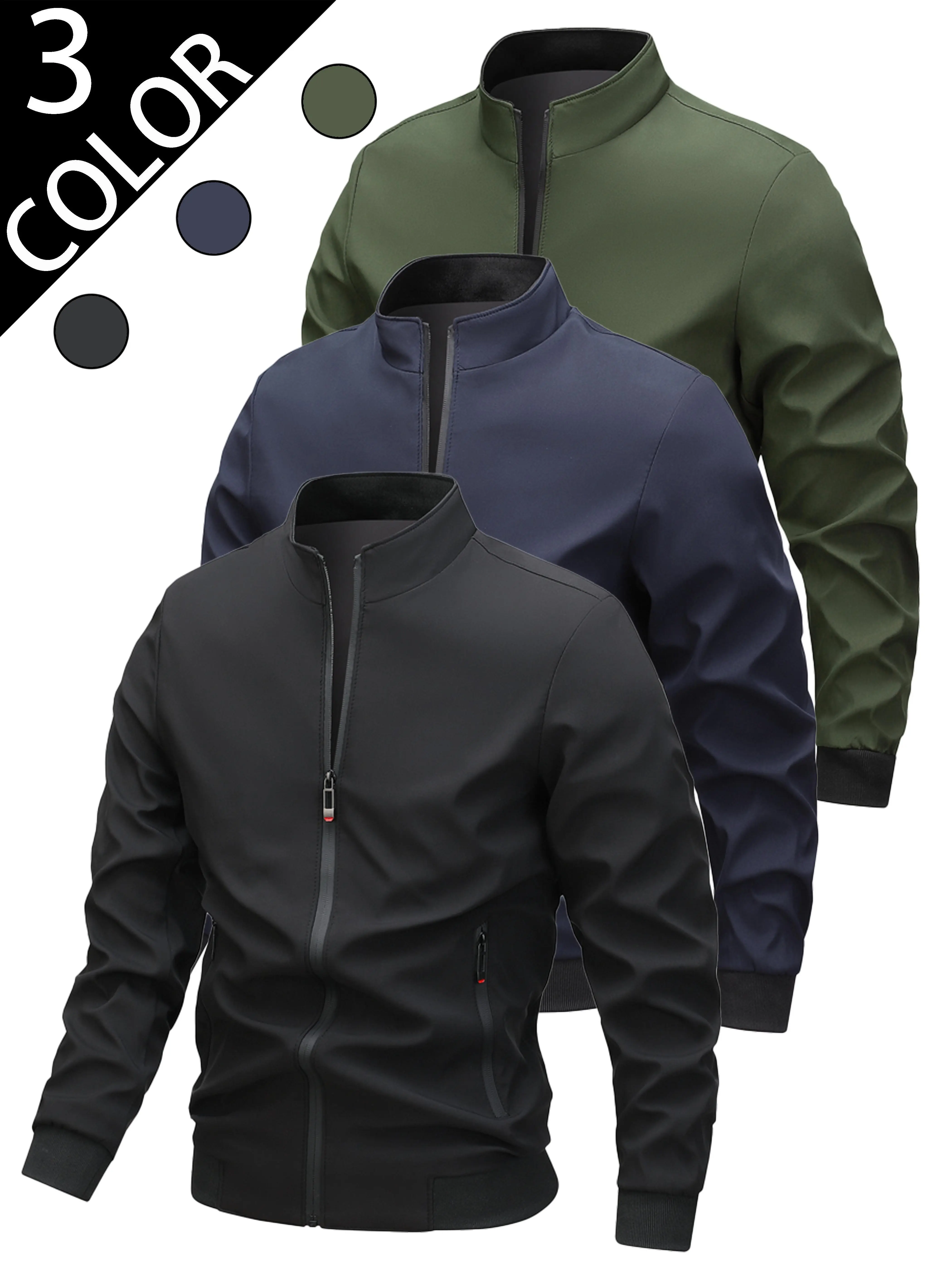 Men's Korean Style Stand-Up Neck Jacket, Lightweight Casual Outerwear with Plain Texture and Excellent Drape, Lightweight Jacket, Textured, Classic, Clothes, Polyester