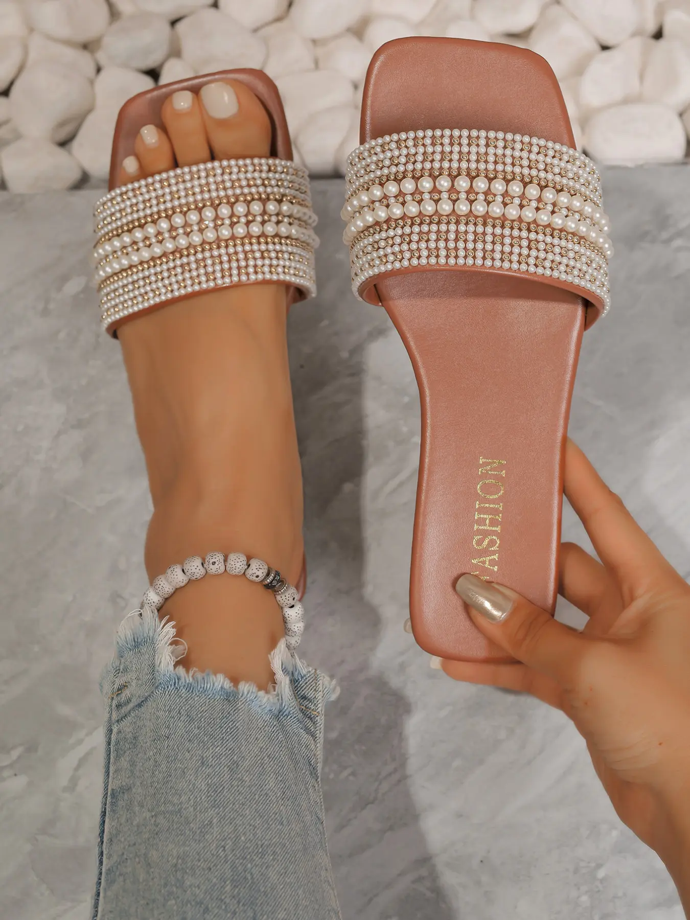 Women's Faux Pearl Slip-On Flat Sandals, Summer Sandal, Casual Breathable Square Toe Beach Vacation Shoes, Lightweight Comfort for Daily Wear, Minimalist Sandals