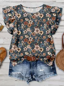 Women's Round Neck Short Sleeve Romantic Elegant Plaid Print Floral Shirt Blouse, Perfect for Outing, Commute, Date, Party, Fashionable and Unique