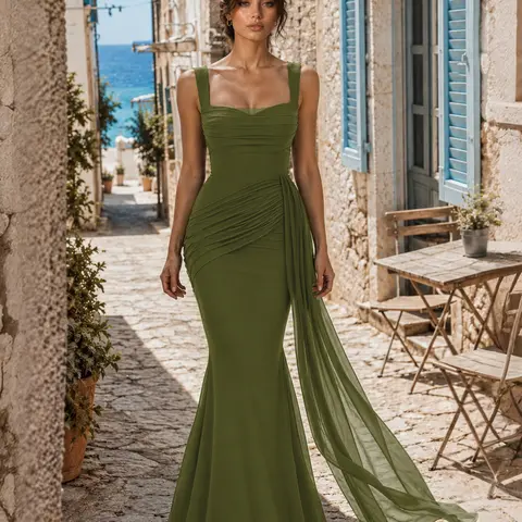 AISIZE A5615 Women's Sleeveless Built-in Bra Ruched Draped Side Mesh Maxi Formal Dress - Classy, Elegant, Black Tie Prom, Formal Wear, Special Clothing for Women