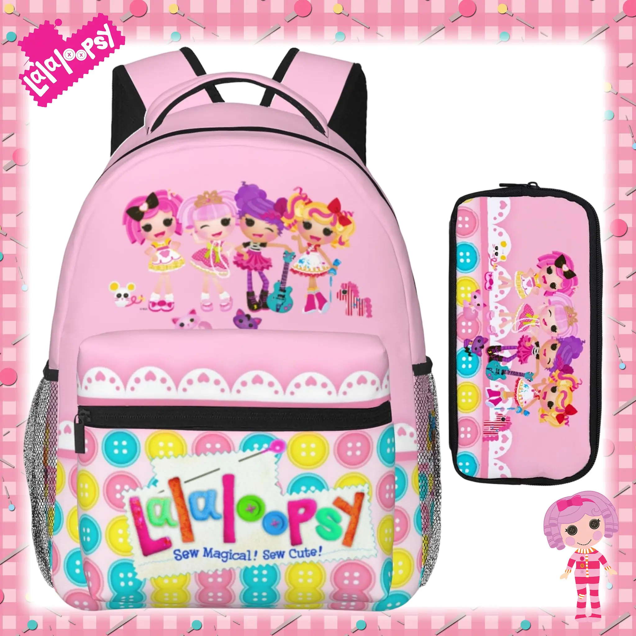 Lalaloopsy Cartoon Backpack for Girls, Cute Netflix-Themed MGA Ergonomic Multi-Pocket Aesthetic Bookbag for Travel, Day Trips