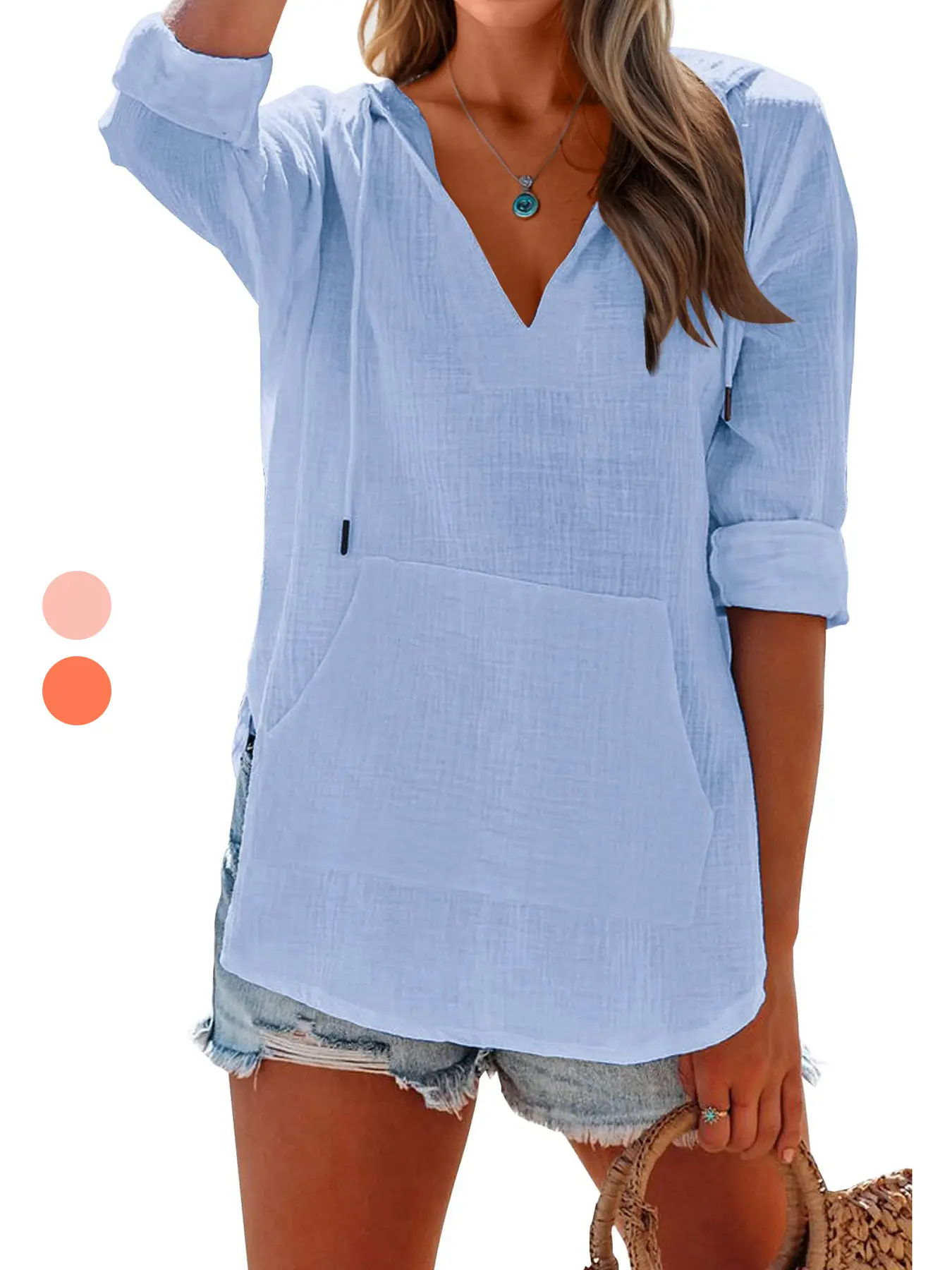 Skoinvb Women's Hooded Cover-Up, Casual Solid V-Neck Long Sleeve Top, Breathable Comfortable for Beach Vacation with Pockets, Lady, Basic, Longsleeves, Loose