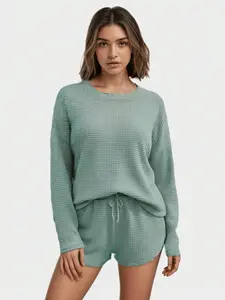 Women's Waffle Knit Pajama Set, Long Sleeve Top and Drawstring Shorts, Two-Piece Lounge Sleepwear Outfit