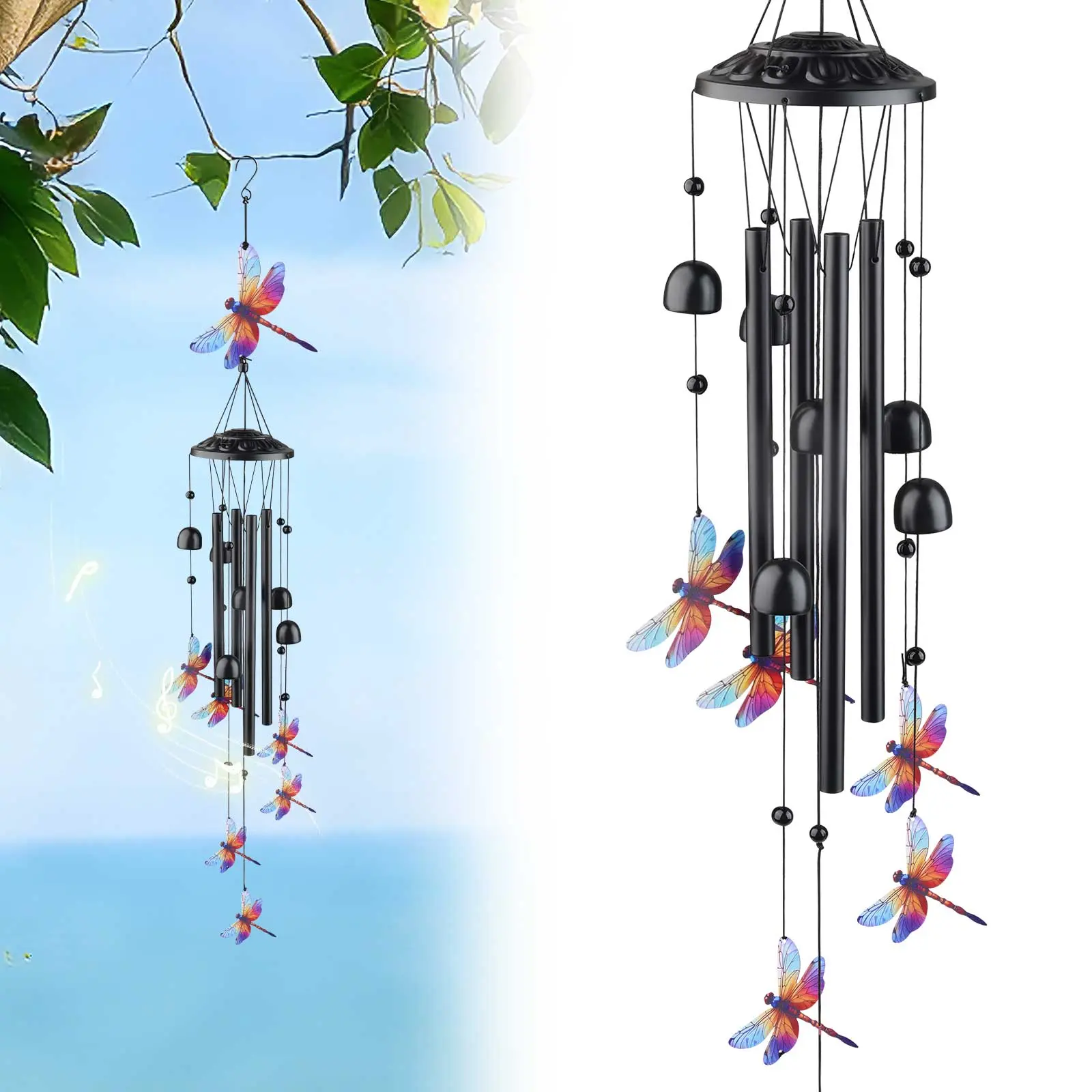 Vibrant Metal Dragonfly Wind Chimes - Vintage Outdoor Gentle Ringer Sound Maker, Elegant Hanging Ornament for Home, Porch, Garden
