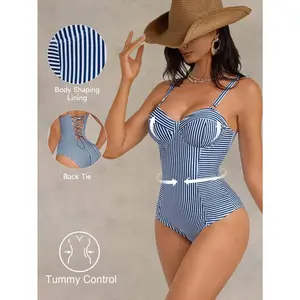 Shapewave Women's Blue & White Striped Patchwork Drawstring Backless Push-Up Tummy Control One-Piece Swimsuit, Slimming Waist, Suitable For Beach, Vacation, Party