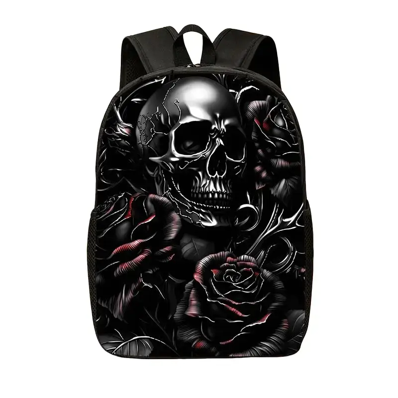 Unisex Black Skull Rose Printed 3-in-1 Multi-Function Laptop Backpack Set - Lightweight Daypack with 15" MacBook Fit, Lunch Pouch, Pencil Case, Ideal for Back to School Haul, Commuting (Sports & Outdoor Gym Bag Accessory), Hiking, Printed Pattern