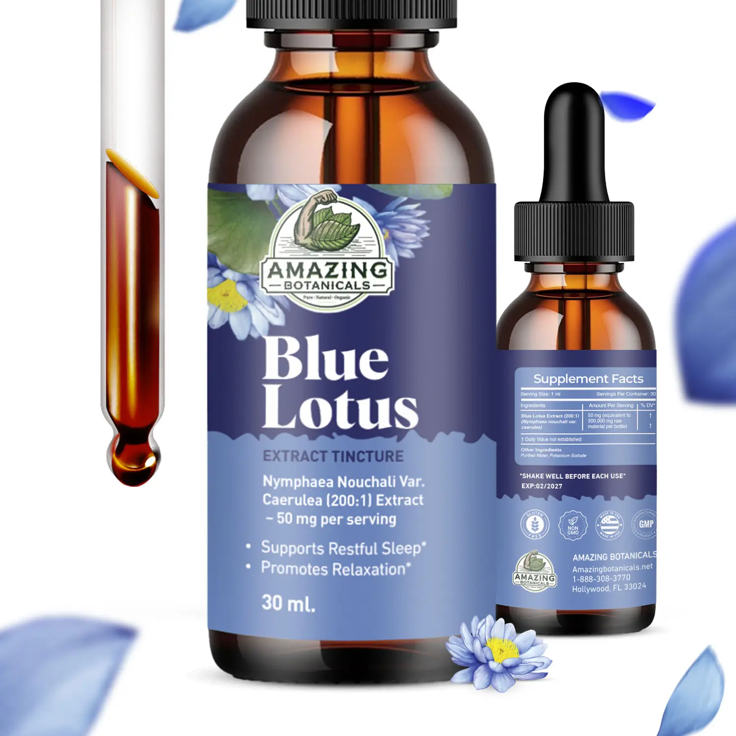 Amazing Botanicals Organic Blue Lotus 200X Extract Edible Tincture Dietary Supplement - 50mg Alcohol-Based, Gluten-Free, Non-GMO Mineral Supplements, Calm Support