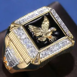 American Eagle 14K Gold Plated Men's Eagle Ring Vintage Eagle Ring with Veteran Memorial Gift for American Army Flag Design
