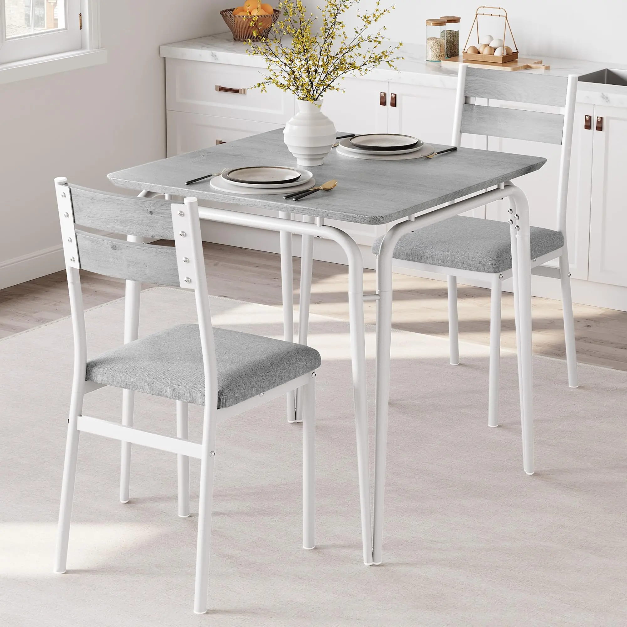 Dining Table for 2, Small Table and Chairs Set of 2, Square Dinette Set for 2, Dinner Table Set, 3 Piece Kitchen & Dining Room Sets for Small Space, Apartment (White, Dining Table with 2 Chairs)