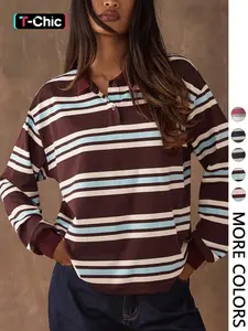 Women's Casual Colorblock Striped Long Sleeve T-Shirt, Fall Winter Fashion, Vintage Style, Fitted, Outdoors Wear, All Seasons, Womenswear, Tops, Clothes
