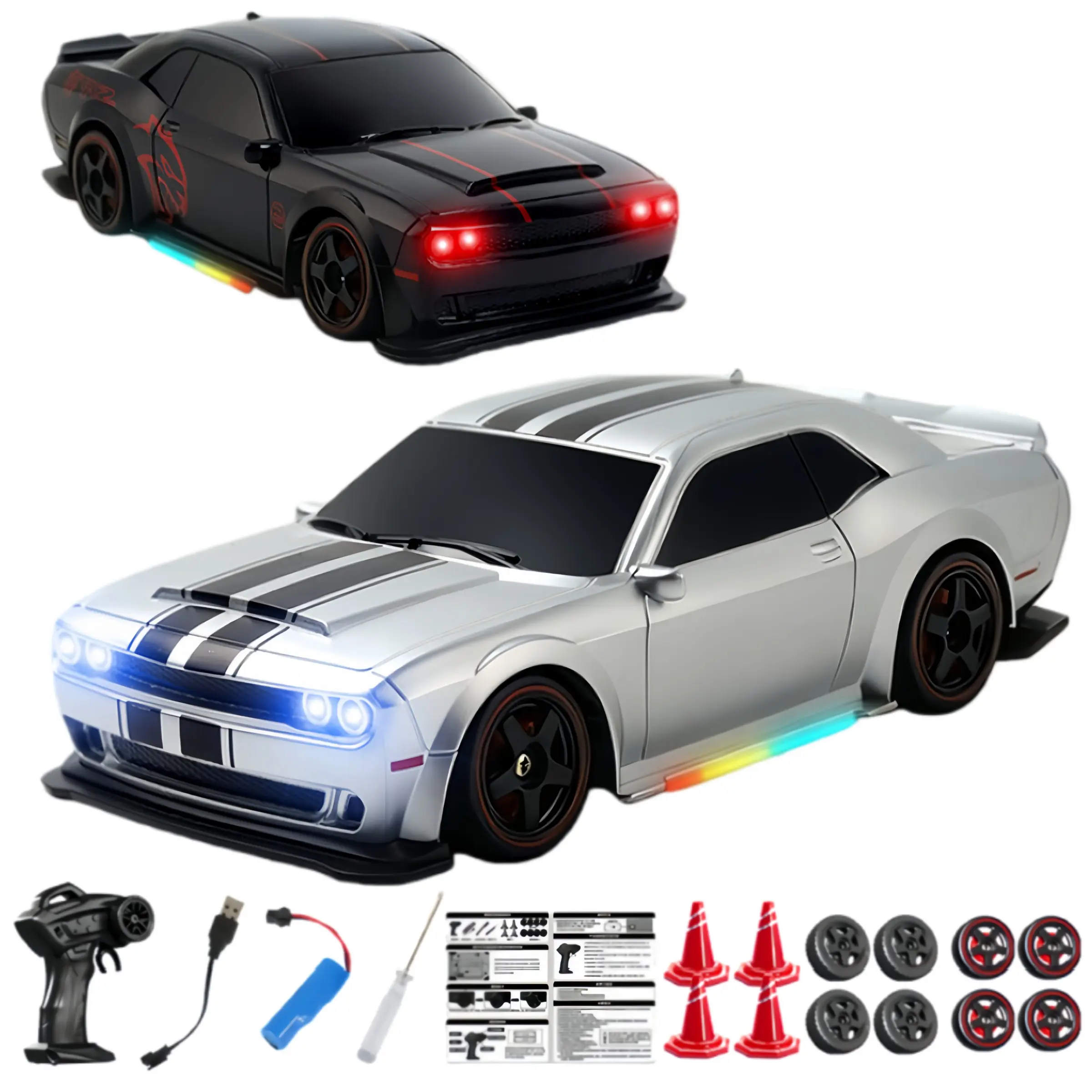 1/24 Scale Remote Control Drift Car Set, 2.4GHz RC, LED Headlights Adjustable, Silver Color, Replaceable Wheels, for Kids over 8 Years, RC Cars, Remote Controlled Car, RC Model Car, Remote Controlled Vehicle
