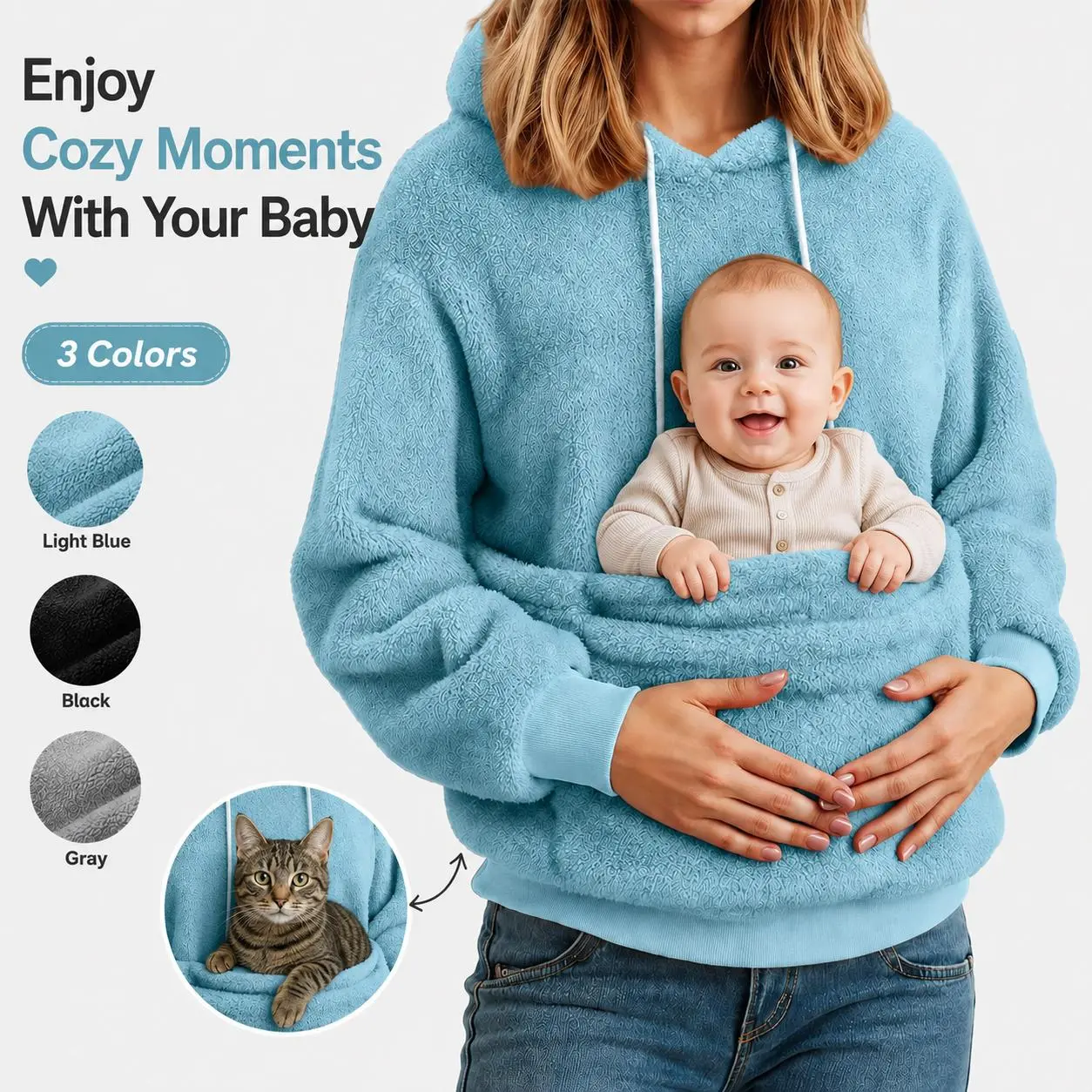 Women Fuzzy Fleece Pet Pouch Hoodie, Oversized Drawstring Hooded Sweatshirt With Large Front Pet Carrier Pocket, Warm Casual Top for Cat Dog Pet Owners, 3 Colors Fit Womenswear Solid Long Sleeve