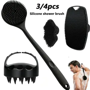 Silicone Body Brush Set 3/4 Pieces, Long Handle Back Brush, Short Bath Brush, Hair Brush, Face Wash Brush, Cleaning Tools, Back Scrubber for Shower, Body Brush for Showering
