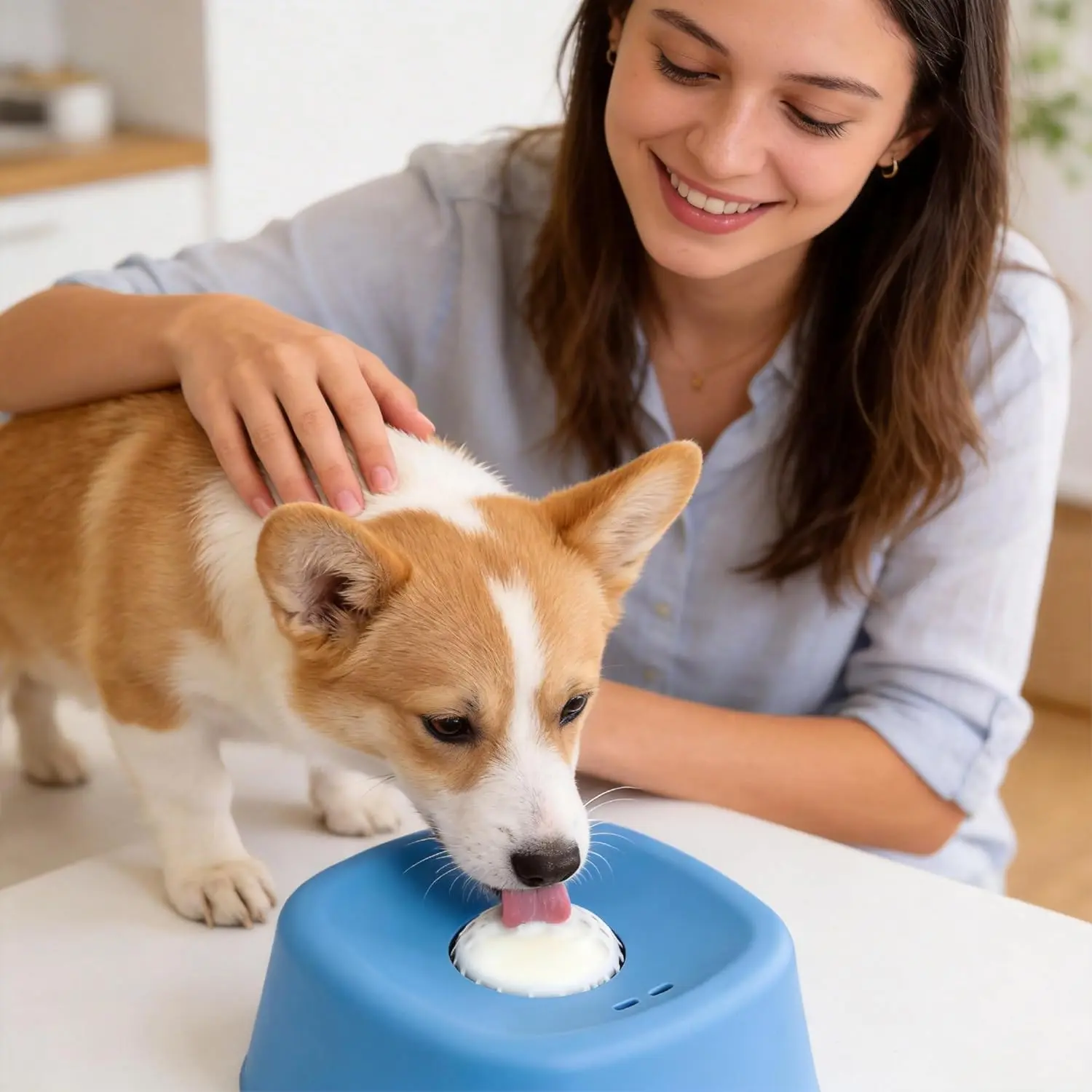 Slow Feeder Dog Bowls for Liquid Treat, Anti-Slip (Entertained Ball-in) Bone Broth Dog Lick Bowl, 3/4 Cup Yogurt Pup Lick Toy for Large Medium Small Breeds Dietary Supplement/Post-op Nutrition,Blue