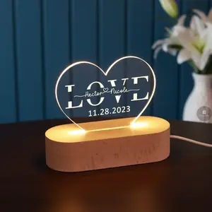 Personalized Heart Name & Date Night Lamp Custom Couple Anniversary Gift for Her Him Customizable Name Date Sign Wedding Engagement Decor Customized Acrylic Desk Lamp for GF BF Anniversary Valentine's Day Birthday Christmas Gift Ideas Home Decor
